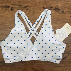 NEW Fabletics Womens Medium Tamara Sports Bra White Blue Polka Dot Low Impact